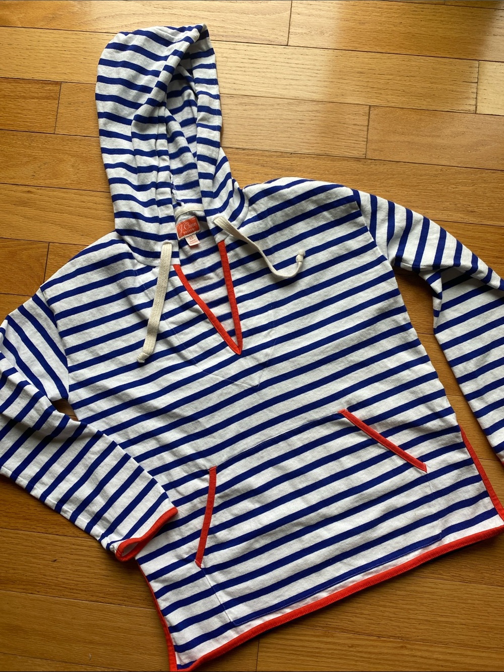 J. Crew weekend Blue and White Striped Hooded Pullover with Orange Trim